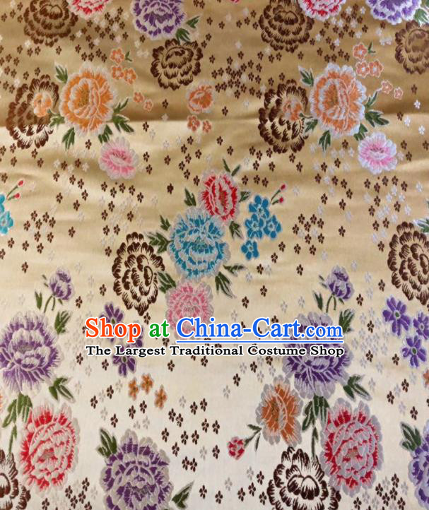 Chinese Classical Embroidered Peony Pattern Design Light Golden Brocade Fabric Asian Traditional Satin Silk Material