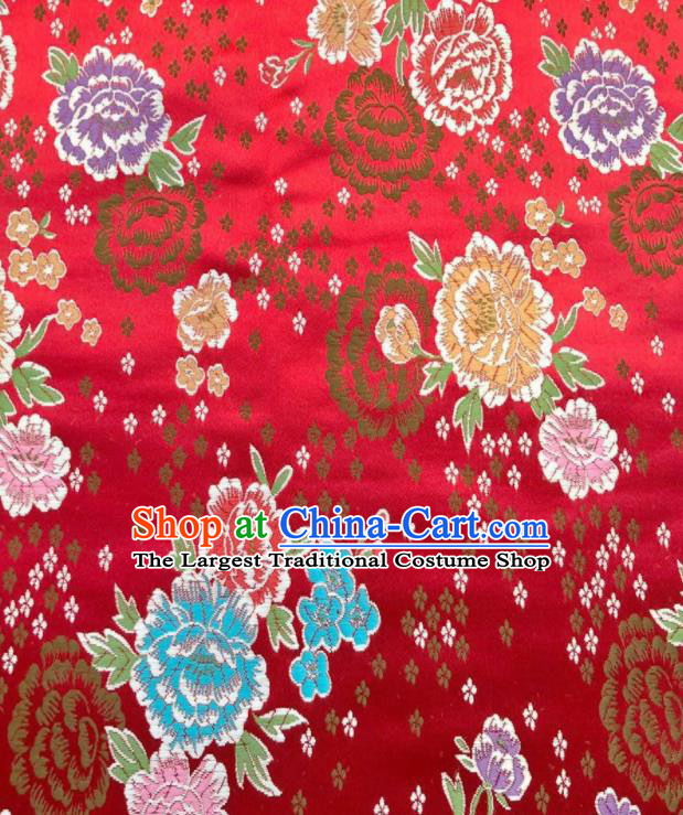 Chinese Classical Embroidered Peony Pattern Design Red Brocade Fabric Asian Traditional Satin Silk Material