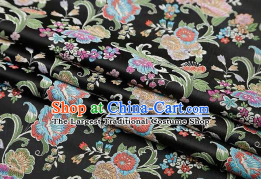 Chinese Classical Flourish Flowers Pattern Design Black Brocade Fabric Asian Traditional Satin Silk Material