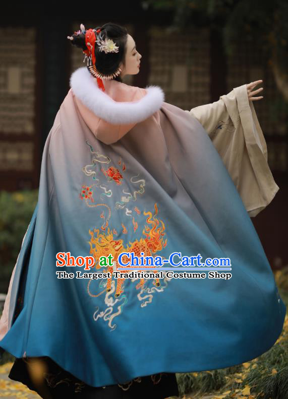 Chinese Ancient Princess Embroidered Kylin Blue Cloak Traditional Ming Dynasty Court Lady Costume for Women