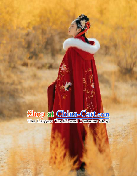 Chinese Ancient Princess Embroidered Lotus Red Cloak Traditional Ming Dynasty Court Lady Costume for Women