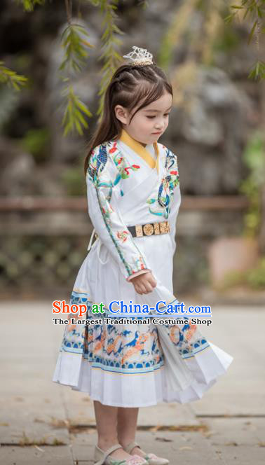 Chinese Traditional Girls Embroidered Costume Ancient Ming Dynasty Swordsman White Hanfu Dress for Kids