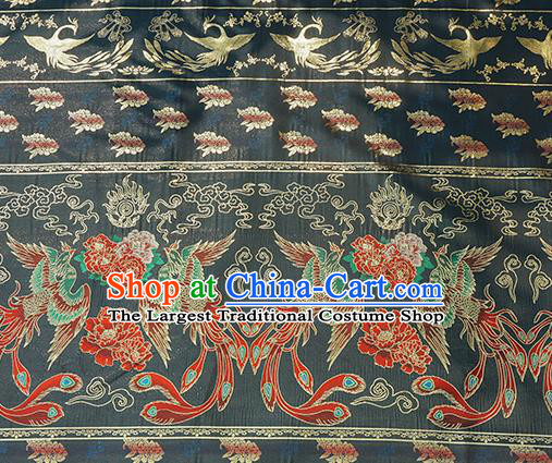 Chinese Royal Phoenix Peony Pattern Design Navy Brocade Fabric Asian Traditional Horse Face Skirt Satin Silk Material