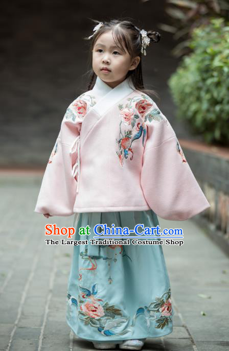 Chinese Traditional Girls Embroidered Peony Costume Ancient Ming Dynasty Princess Hanfu Dress for Kids