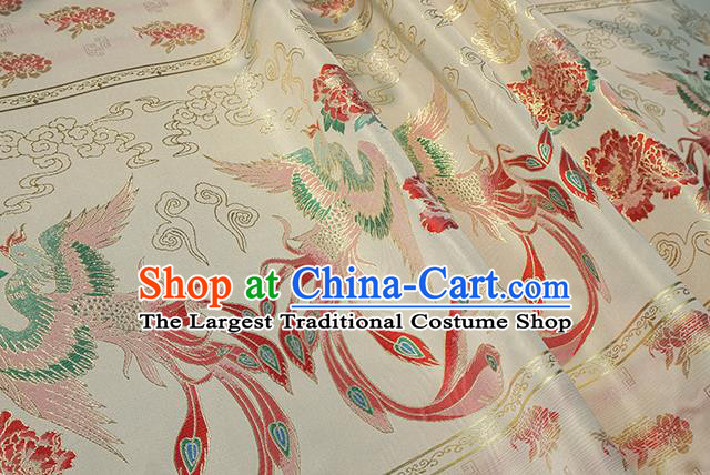 Chinese Royal Phoenix Peony Pattern Design White Brocade Fabric Asian Traditional Horse Face Skirt Satin Silk Material