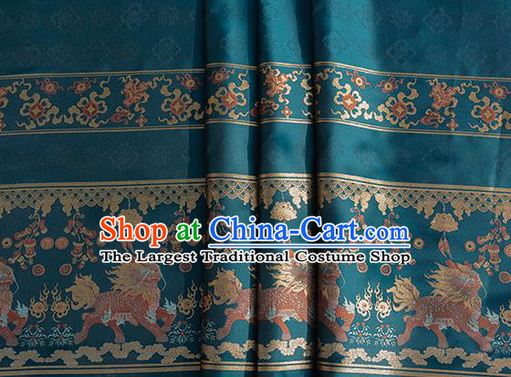 Chinese Royal Kylin Pattern Design Blue Brocade Fabric Asian Traditional Horse Face Skirt Satin Silk Material