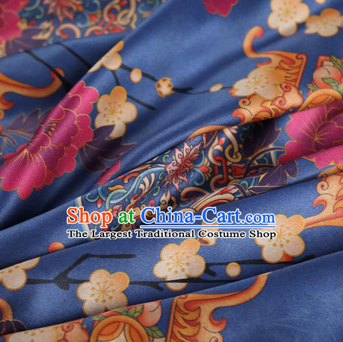 Chinese Classical Plum Quadripod Pattern Design Blue Satin Fabric Asian Traditional Cheongsam Silk Material