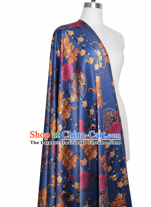 Chinese Classical Plum Quadripod Pattern Design Blue Satin Fabric Asian Traditional Cheongsam Silk Material