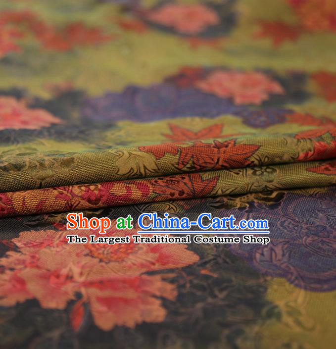 Chinese Classical Peony Maple Leaf Pattern Design Olive Green Gambiered Guangdong Gauze Fabric Asian Traditional Cheongsam Silk Material