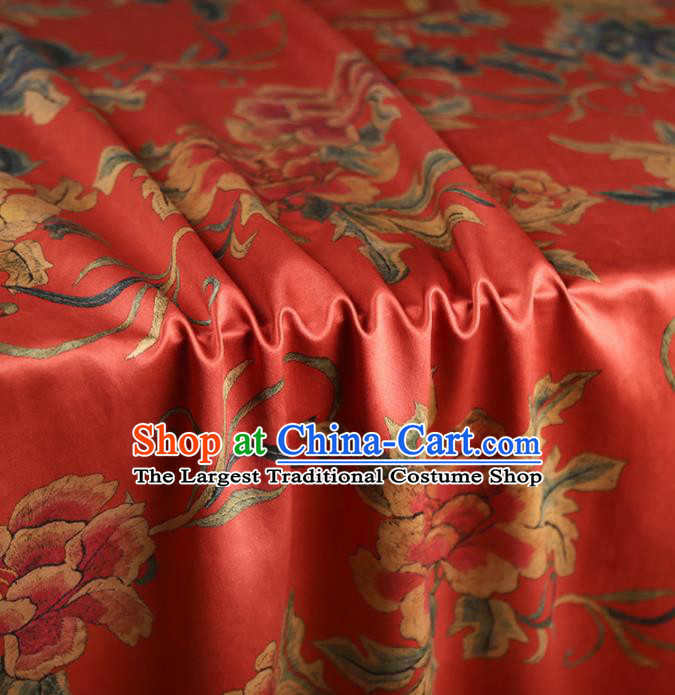 Chinese Classical Printing Peony Pattern Design Watermelon Red Gambiered Guangdong Gauze Fabric Asian Traditional Cheongsam Silk Material