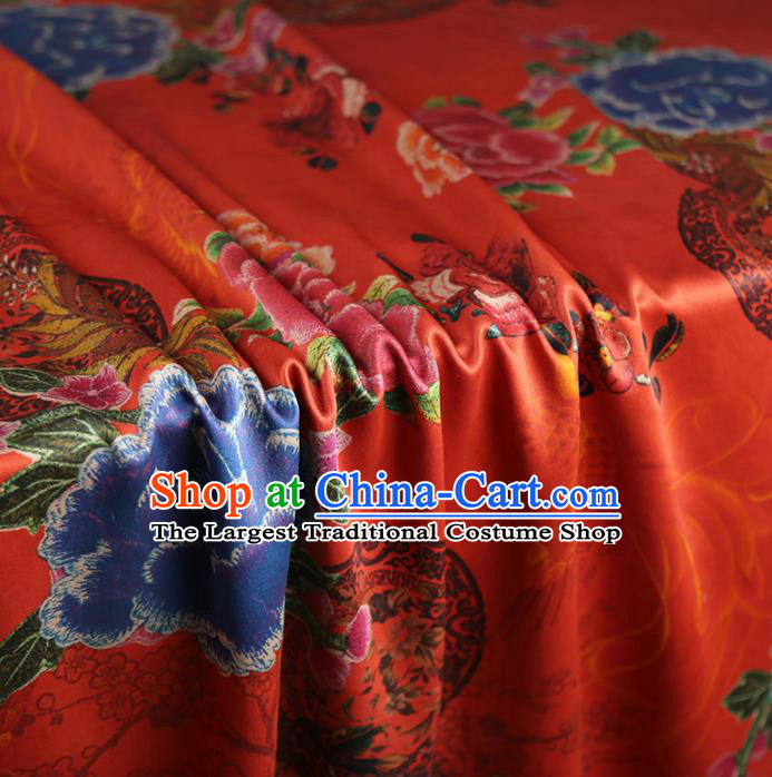 Chinese Classical Printing Peony Pattern Design Red Gambiered Guangdong Gauze Fabric Asian Traditional Cheongsam Silk Material