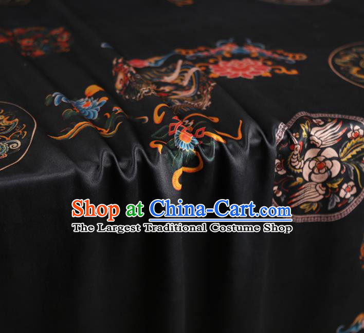 Chinese Classical Crane Peony Pattern Design Black Gambiered Guangdong Gauze Fabric Asian Traditional Cheongsam Silk Material