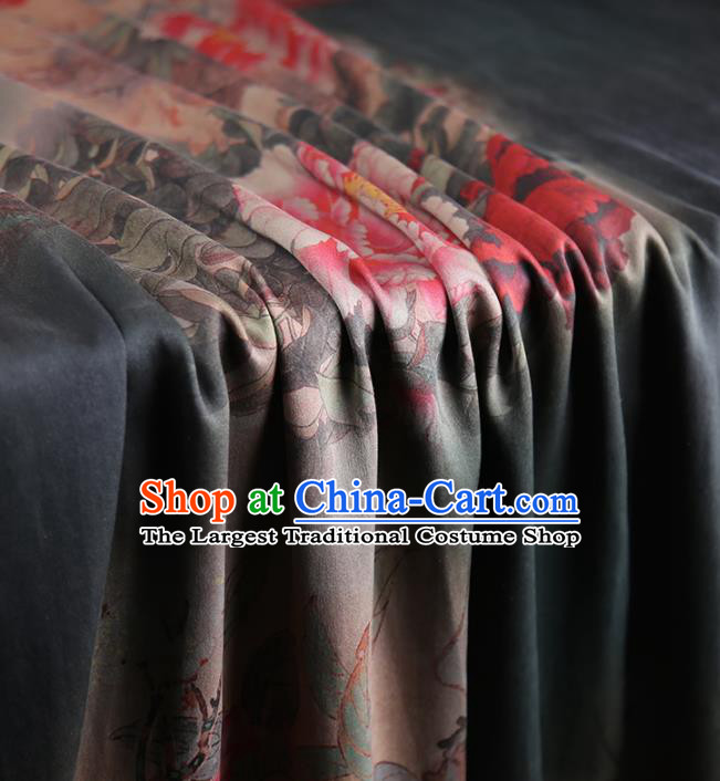 Chinese Classical Printing Peony Pattern Design Dark Green Gambiered Guangdong Gauze Fabric Asian Traditional Cheongsam Silk Material