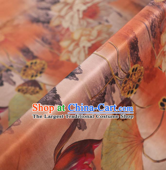 Chinese Classical Printing Lotus Pattern Design Orange Gambiered Guangdong Gauze Fabric Asian Traditional Cheongsam Silk Material