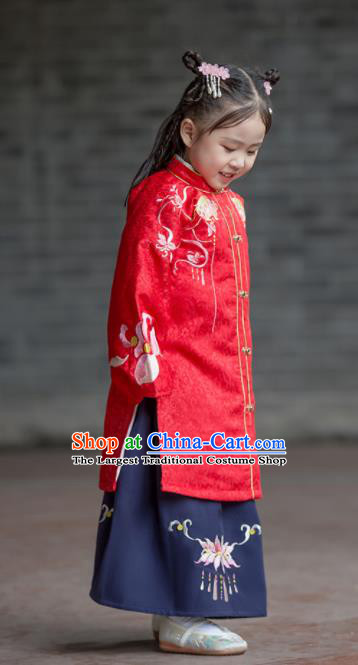 Chinese Traditional Girls Embroidered Red Hanfu Dress Ancient Ming Dynasty Princess Costume for Kids
