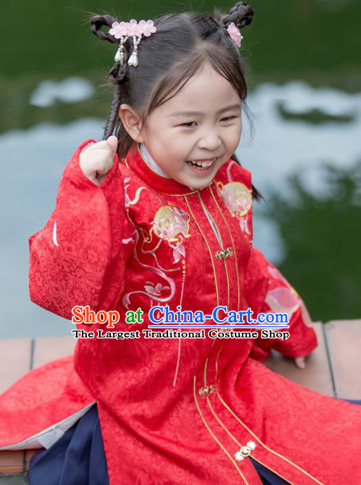 Chinese Traditional Girls Embroidered Red Hanfu Dress Ancient Ming Dynasty Princess Costume for Kids
