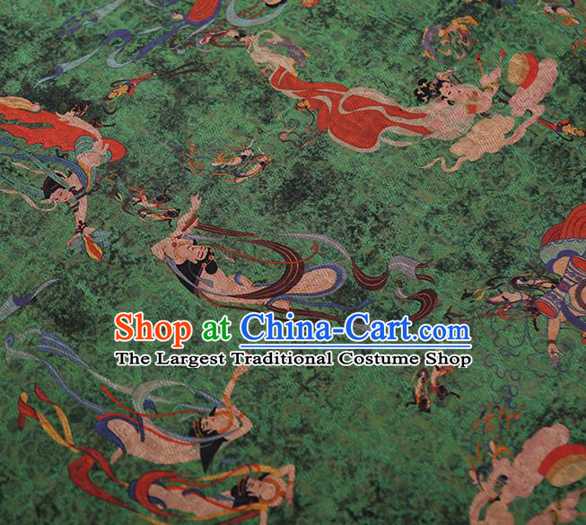 Chinese Classical Printing Flying God Pattern Design Green Gambiered Guangdong Gauze Fabric Asian Traditional Cheongsam Silk Material