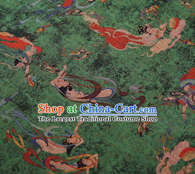 Chinese Classical Printing Flying God Pattern Design Green Gambiered Guangdong Gauze Fabric Asian Traditional Cheongsam Silk Material