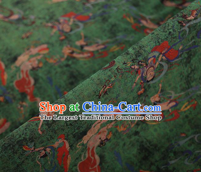 Chinese Classical Printing Flying God Pattern Design Green Gambiered Guangdong Gauze Fabric Asian Traditional Cheongsam Silk Material
