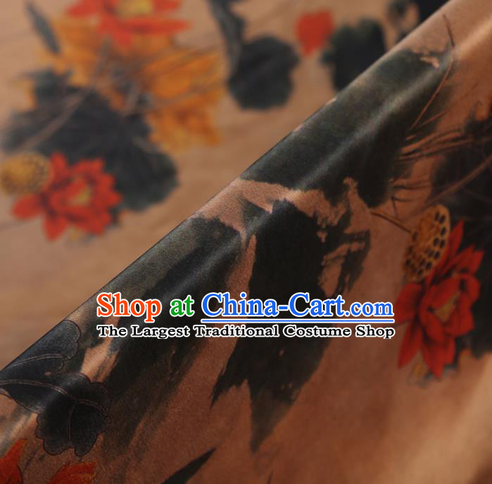 Chinese Classical Printing Lotus Pattern Design Brown Gambiered Guangdong Gauze Fabric Asian Traditional Cheongsam Silk Material