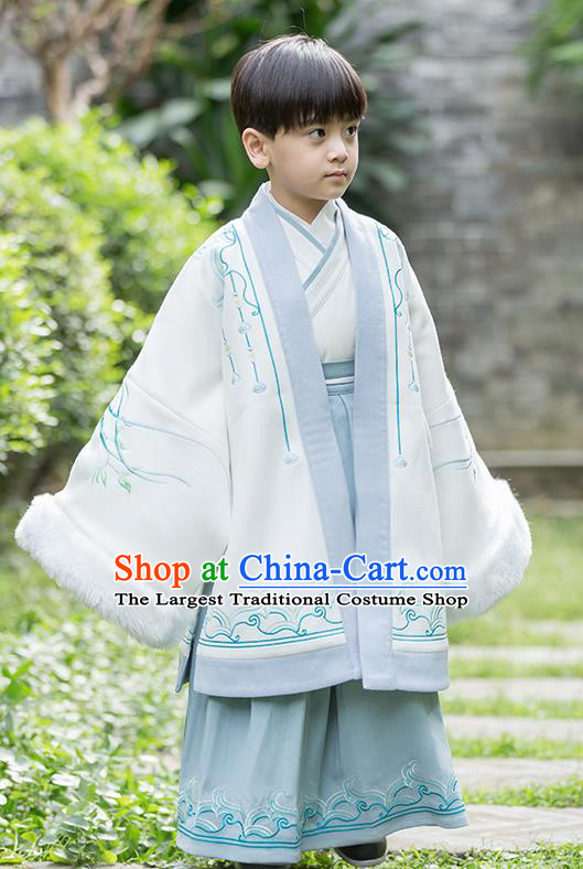 Chinese Traditional Ming Dynasty Scholar Winter Costume Ancient Swordsman Hanfu Clothing for Kids