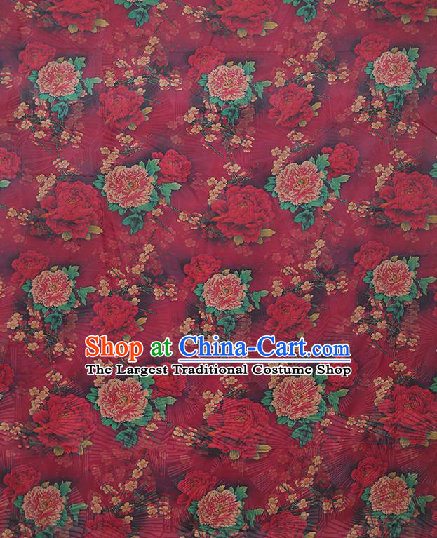 Chinese Classical Printing Peony Pattern Design Wine Red Gambiered Guangdong Gauze Fabric Asian Traditional Cheongsam Silk Material