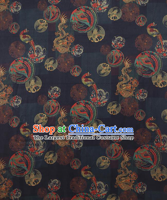 Chinese Classical Printing Dragon Phoenix Pattern Design Black Gambiered Guangdong Gauze Fabric Asian Traditional Cheongsam Silk Material