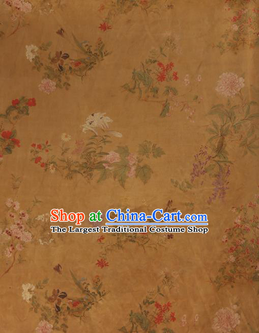 Chinese Classical Printing Peony Pattern Design Ginger Gambiered Guangdong Gauze Fabric Asian Traditional Cheongsam Silk Material