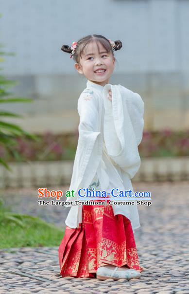 Chinese Traditional Girls Embroidered White Gown and Red Skirt Ancient Ming Dynasty Princess Costume for Kids