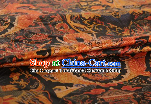 Chinese Classical Dragon Lotus Pattern Design Black Gambiered Guangdong Gauze Fabric Asian Traditional Cheongsam Silk Material