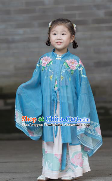 Chinese Traditional Girls Embroidered Peony Blue Cloak and Pink Skirt Ancient Ming Dynasty Princess Costume for Kids