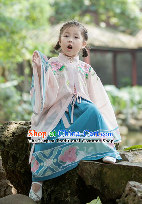 Chinese Traditional Girls Embroidered Peony Pink Cloak and Blue Skirt Ancient Ming Dynasty Princess Costume for Kids