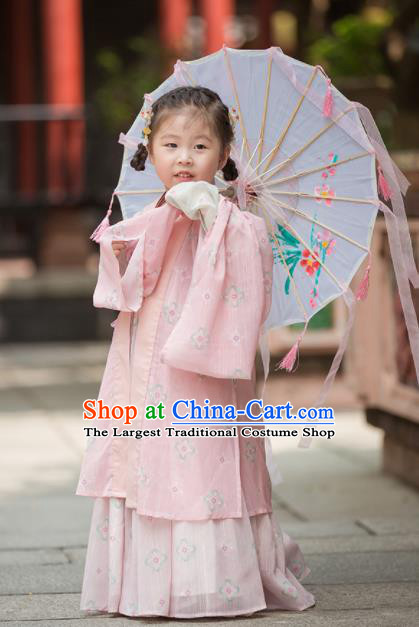 Chinese Traditional Girls Embroidered Pink Blouse and Skirt Ancient Ming Dynasty Princess Costume for Kids