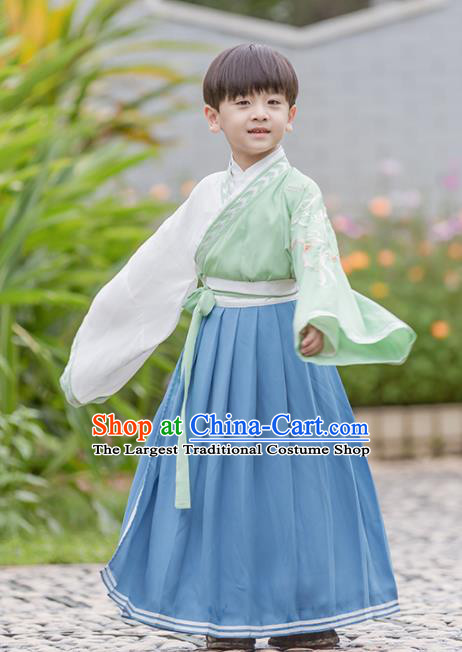 Chinese Traditional Han Dynasty Swordsman Green Costume Ancient Scholar Hanfu Clothing for Kids