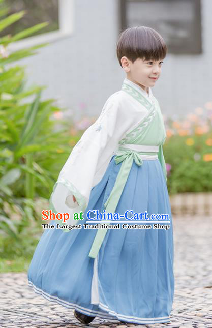 Chinese Traditional Han Dynasty Swordsman Green Costume Ancient Scholar Hanfu Clothing for Kids