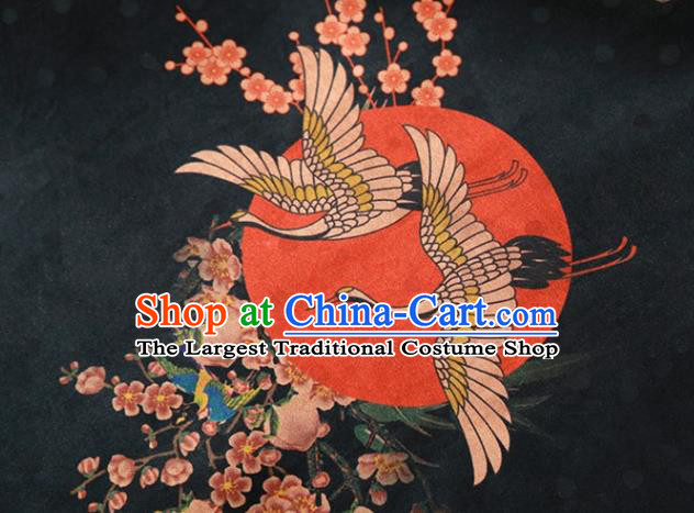 Chinese Classical Crane Plum Pattern Design Black Gambiered Guangdong Gauze Fabric Asian Traditional Cheongsam Silk Material