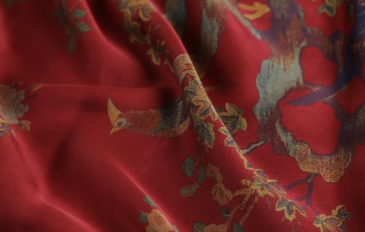 Chinese Classical Peacock Flower Pattern Design Red Gambiered Guangdong Gauze Fabric Asian Traditional Cheongsam Silk Material