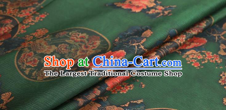 Chinese Classical Peony Plum Pattern Design Green Gambiered Guangdong Gauze Fabric Asian Traditional Cheongsam Silk Material