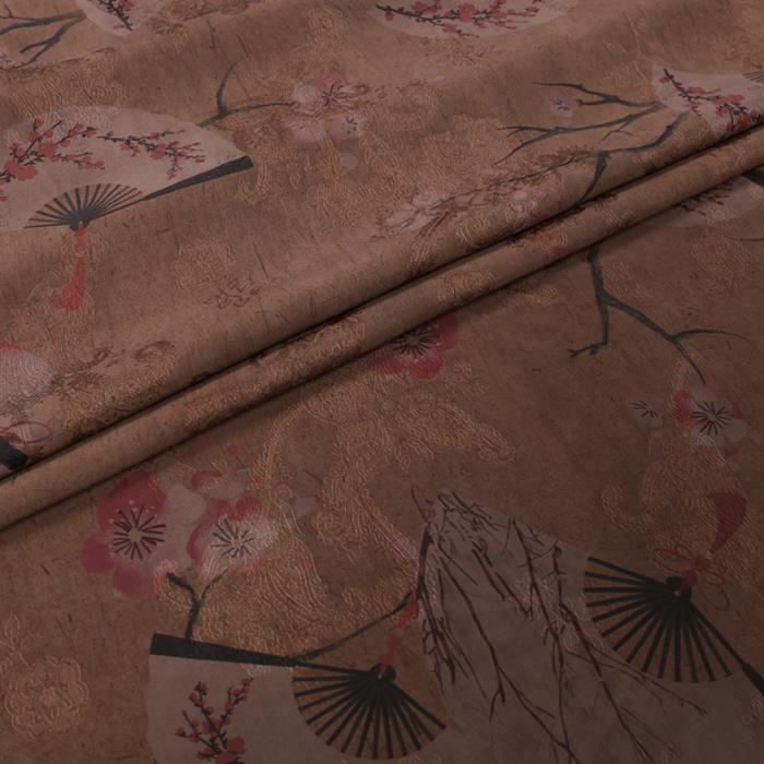 Chinese Classical Plum Fan Pattern Design Khaki Gambiered Guangdong Gauze Fabric Asian Traditional Cheongsam Silk Material