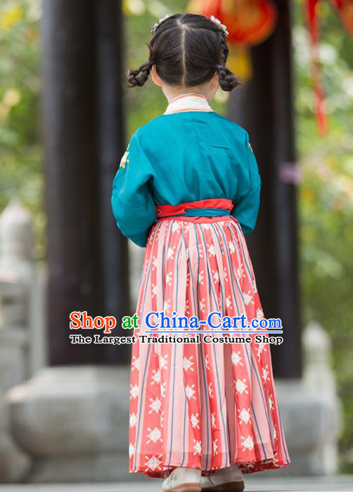 Chinese Traditional Girls Embroidered Blue Blouse and Red Skirt Ancient Song Dynasty Princess Costume for Kids