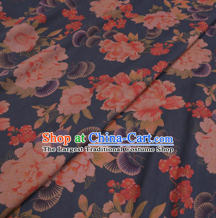 Chinese Classical Pine Peony Pattern Design Blue Gambiered Guangdong Gauze Fabric Asian Traditional Cheongsam Silk Material