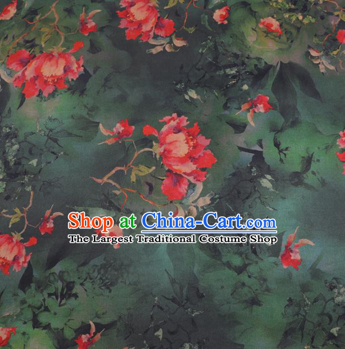 Chinese Classical Peony Pattern Design Deep Green Gambiered Guangdong Gauze Fabric Asian Traditional Cheongsam Silk Material