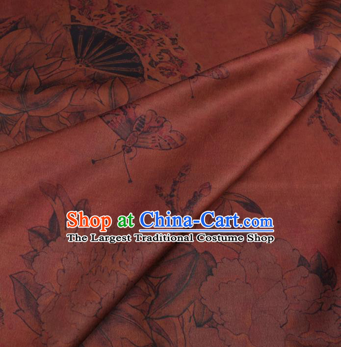 Chinese Classical Peony Fan Pattern Design Rust Red Gambiered Guangdong Gauze Fabric Asian Traditional Cheongsam Silk Material