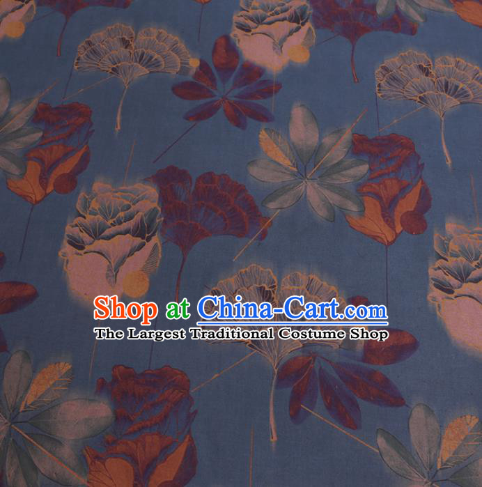 Chinese Classical Ginkgo Tulip Pattern Design Blue Gambiered Guangdong Gauze Fabric Asian Traditional Cheongsam Silk Material