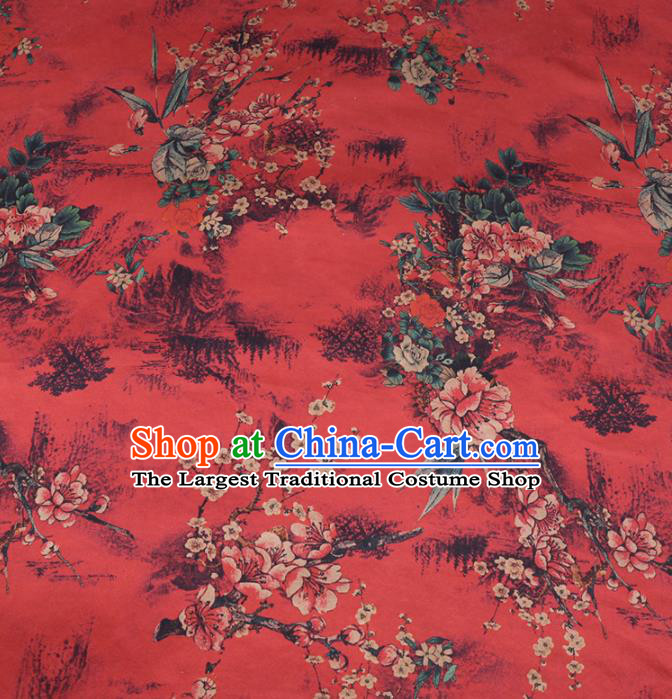 Chinese Classical Plum Blossom Pattern Design Red Gambiered Guangdong Gauze Fabric Asian Traditional Cheongsam Silk Material