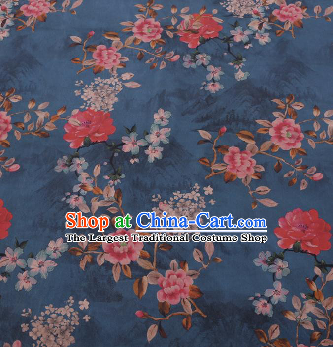 Chinese Classical Plum Peony Pattern Design Blue Gambiered Guangdong Gauze Fabric Asian Traditional Cheongsam Silk Material