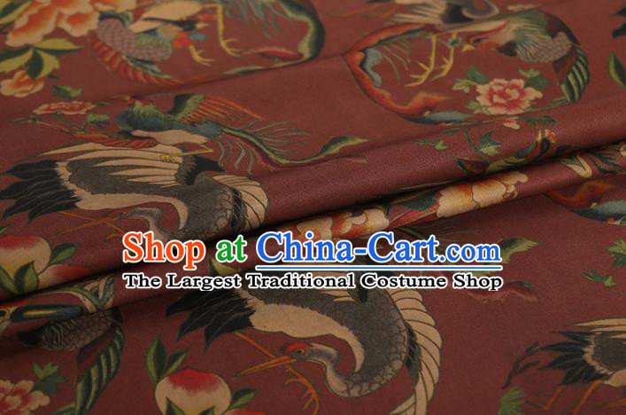 Chinese Classical Crane Peach Pattern Design Purplish Red Gambiered Guangdong Gauze Fabric Asian Traditional Cheongsam Silk Material