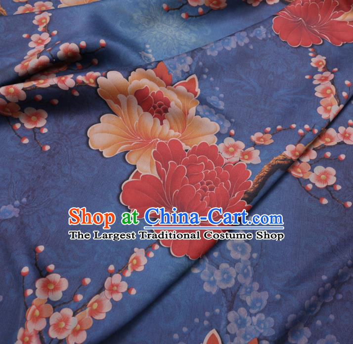 Chinese Classical Plum Peony Pattern Design Blue Gambiered Guangdong Gauze Fabric Asian Traditional Cheongsam Silk Material