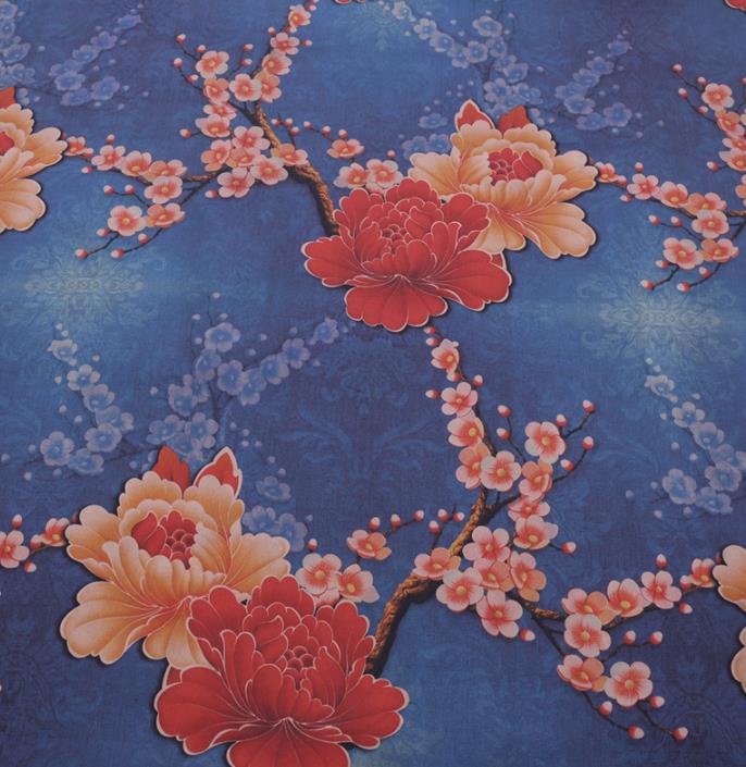 Chinese Classical Plum Peony Pattern Design Blue Gambiered Guangdong Gauze Fabric Asian Traditional Cheongsam Silk Material