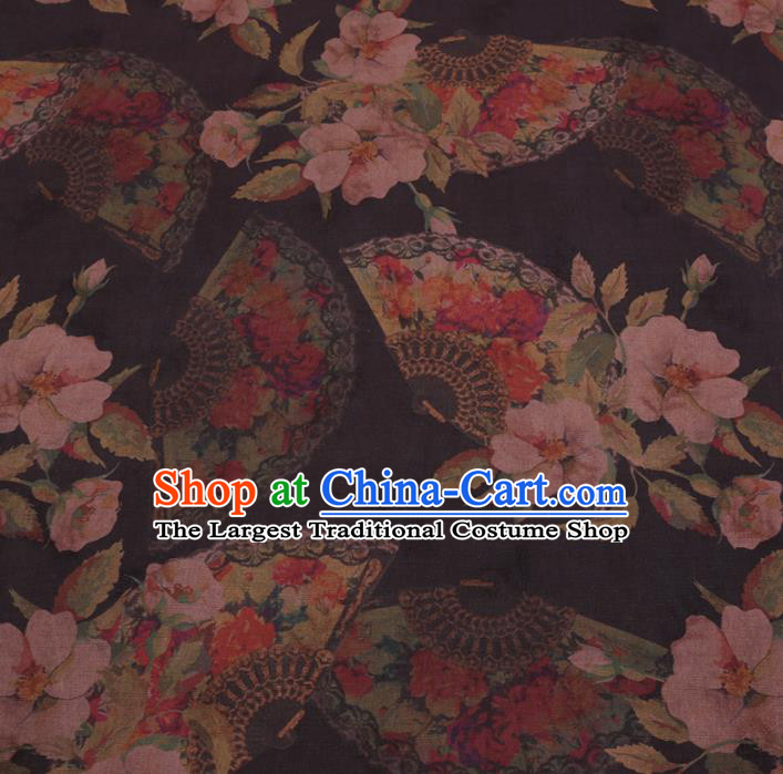 Chinese Classical Begonia Fan Pattern Design Black Gambiered Guangdong Gauze Fabric Asian Traditional Cheongsam Silk Material